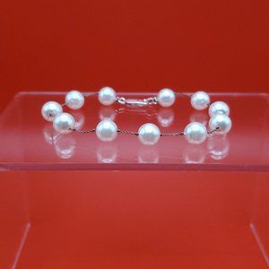 7 Inch 925 Sterling Silver & Cord Faux Pearls Bracelet